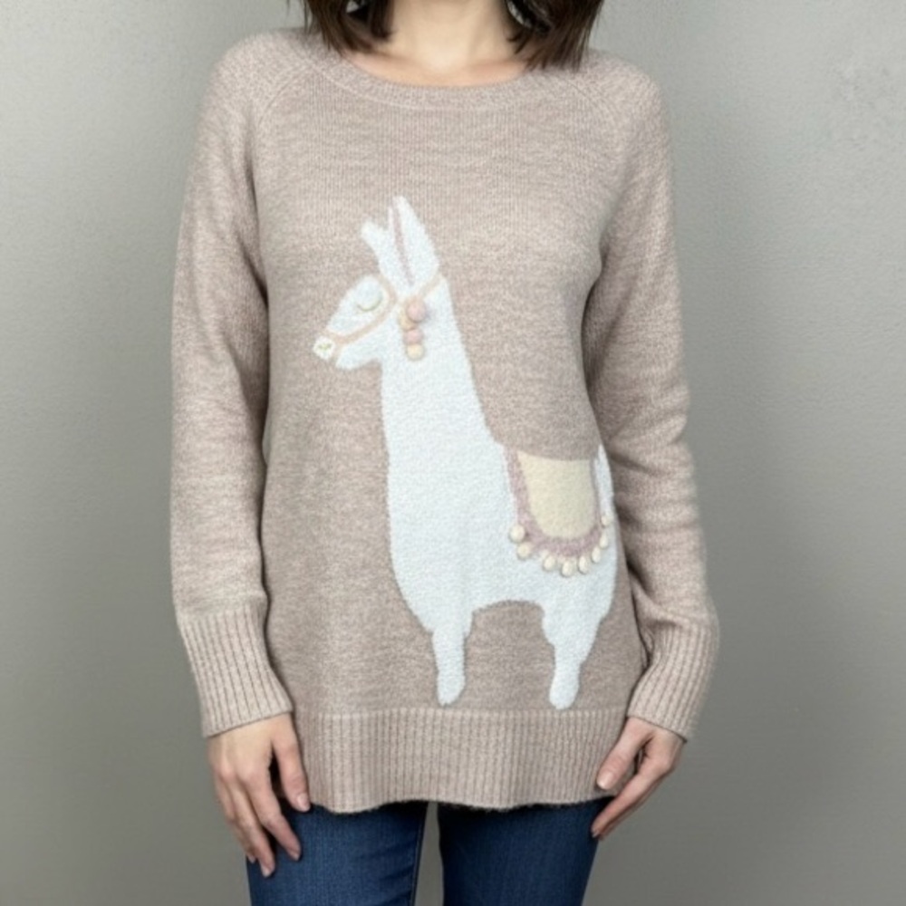 LC Lauren Conrad Llama Intarsia Knit Sweater Pink Metallic Pom Pom Boho Sz S EUC